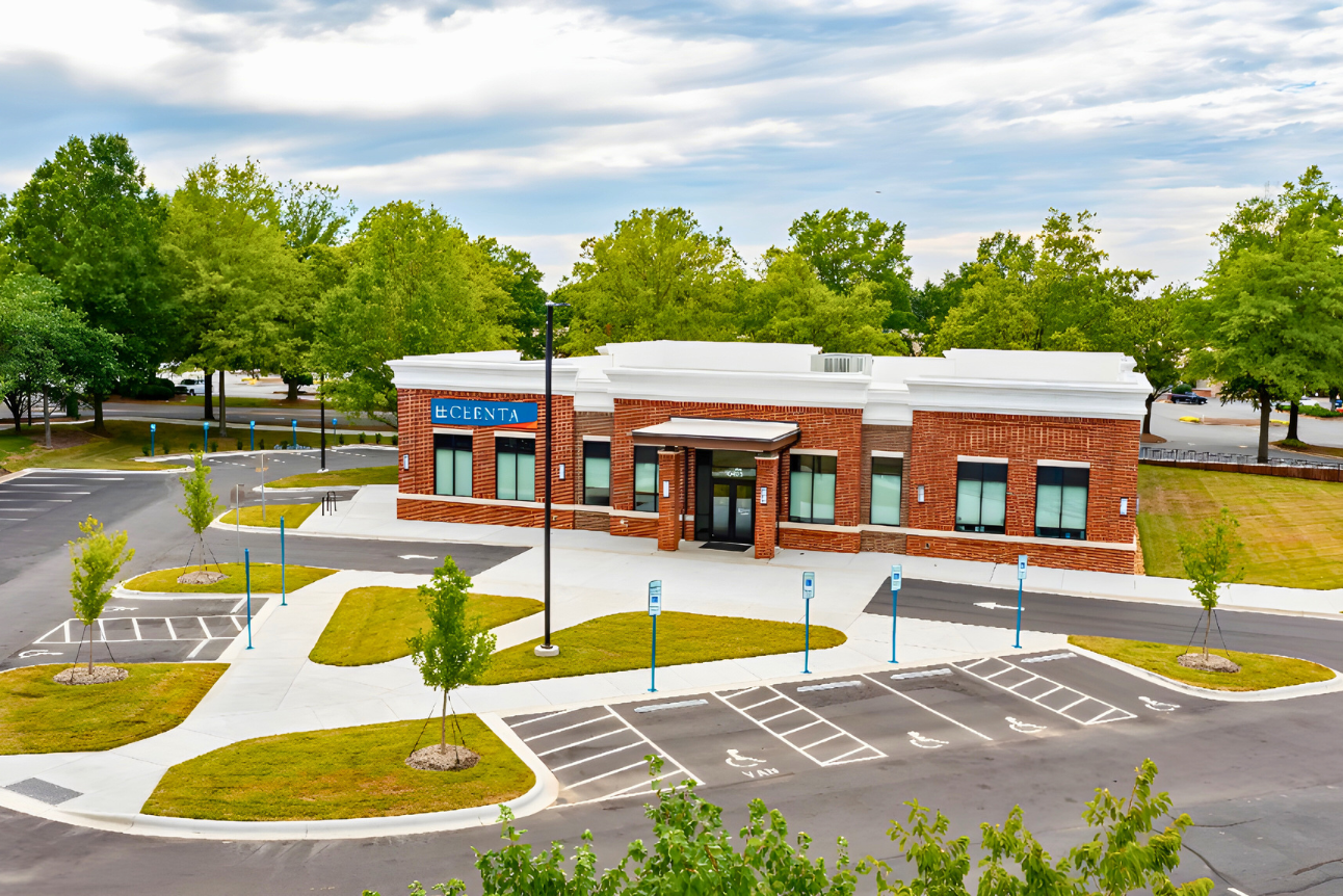 Front exterior view of CEENTA Pineville, a modern healthcare facility constructed by Metrolina Builders in Pineville, NC.
