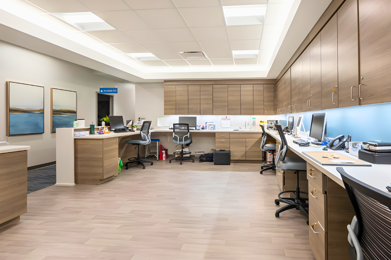Reception area at CEENTA Pineville, designed for patient comfort and seamless healthcare facility operations
